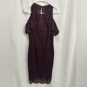 White House Black Market Off The Cold Shoulder Burgundy Lace Midi Dress- Size 2